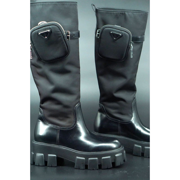 Prada Monolith Nylon Zip Bag Lug Combat Boot SZ 38 Logo Pocket Riding Platform - Picture 10 of 12